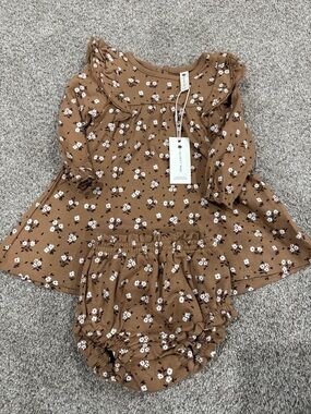 Quincy Mae Brown Floral Baby Dress with White Flowers